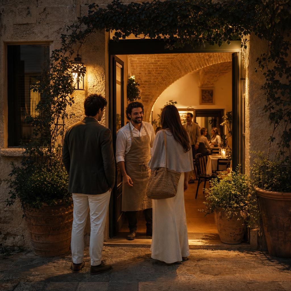 Un locale accoglie i suoi ospiti alla porta, la sera